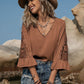 Openwork V-Neck Flounce Sleeve Blouse