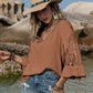 Openwork V-Neck Flounce Sleeve Blouse